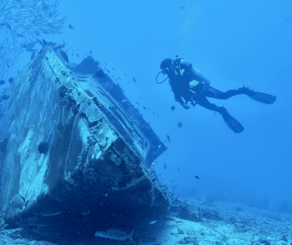 a diver near a shipwreck