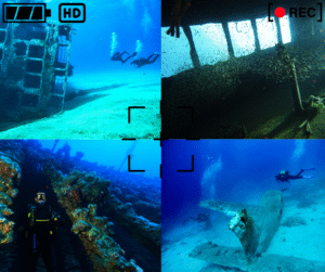 A collage of four wreck photos in a camera viewfinder
