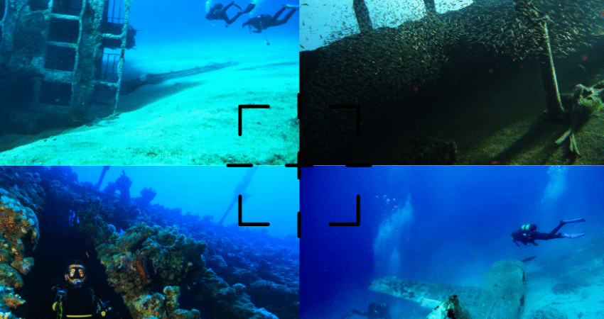 A collage of four wreck photos in a camera viewfinder
